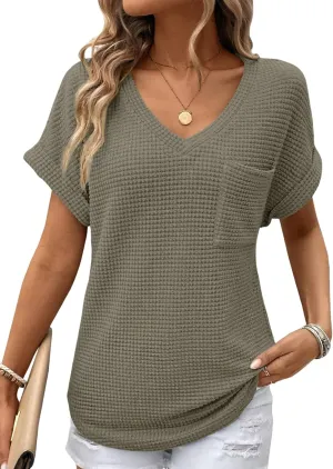 Dokotoo Womens Waffle Knit Tops 2025 Spring Summer V Neck Shirts Casual Trendy Women's Blouses Basic Tee