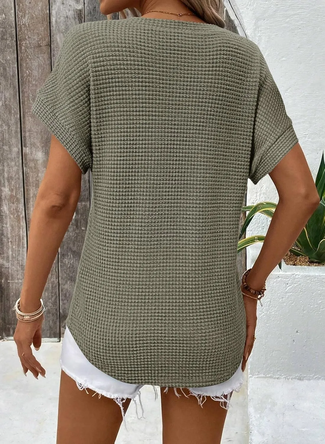 Dokotoo Womens Waffle Knit Tops 2025 Spring Summer V Neck Shirts Casual Trendy Women's Blouses Basic Tee
