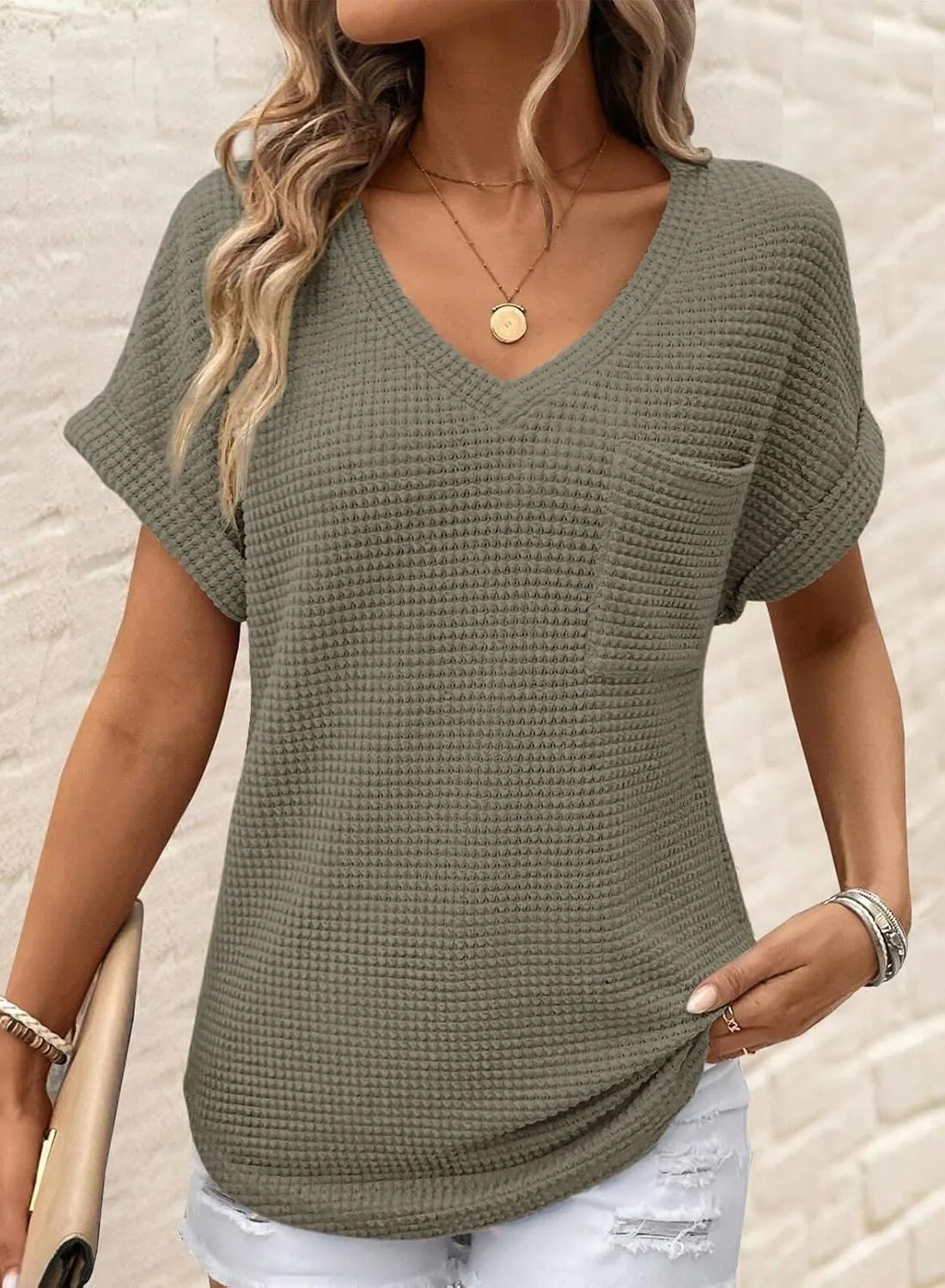 Dokotoo Womens Waffle Knit Tops 2025 Spring Summer V Neck Shirts Casual Trendy Women's Blouses Basic Tee