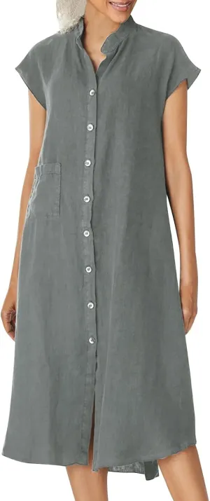Dressy Cotton Linen Shirt Dress Women Cap Sleeve Stand Collar Work Midi Dress Summer Casual Button Up Beach Sundress Dressy Cotton Linen Shirt Dress Women Cap Sleeve Stand Collar Work Midi Dress Summer Casual Button Up Beach Sundress