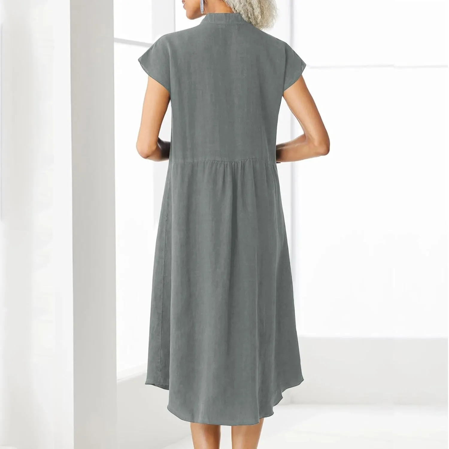 Dressy Cotton Linen Shirt Dress Women Cap Sleeve Stand Collar Work Midi Dress Summer Casual Button Up Beach Sundress