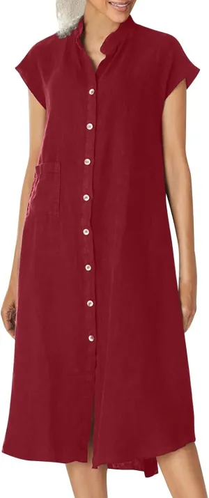 Dressy Cotton Linen Shirt Dress Women Cap Sleeve Stand Collar Work Midi Dress Summer Casual Button Up Beach Sundress Dressy Cotton Linen Shirt Dress Women Cap Sleeve Stand Collar Work Midi Dress Summer Casual Button Up Beach Sundress