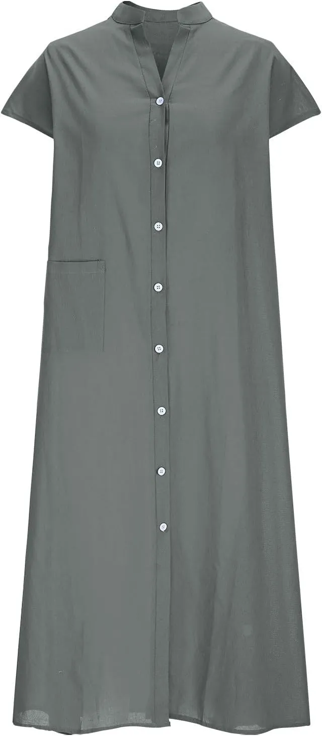 Dressy Cotton Linen Shirt Dress Women Cap Sleeve Stand Collar Work Midi Dress Summer Casual Button Up Beach Sundress