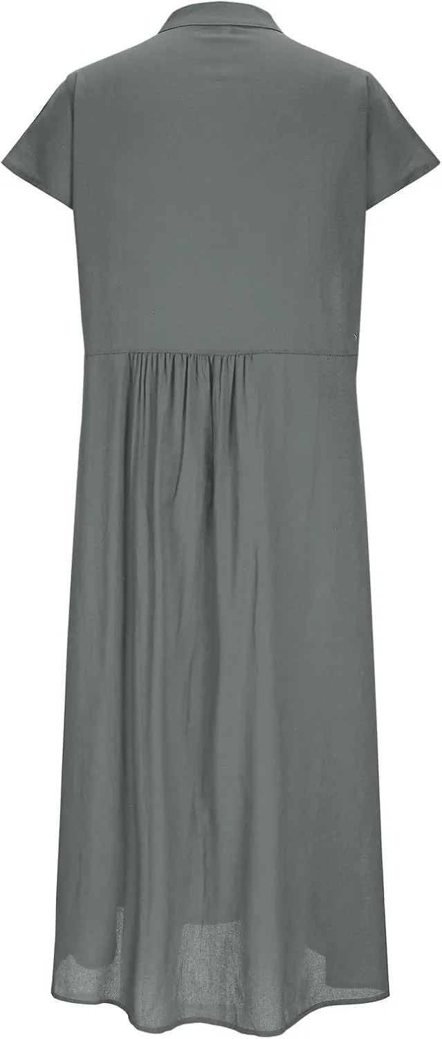 Dressy Cotton Linen Shirt Dress Women Cap Sleeve Stand Collar Work Midi Dress Summer Casual Button Up Beach Sundress