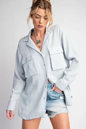 Easel Cotton Gauze Button Down Top in Powder Blue FINAL SALE