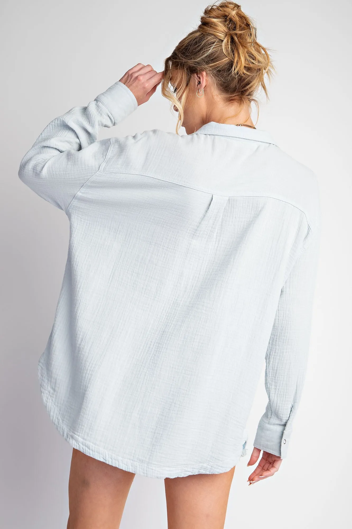 Easel Cotton Gauze Button Down Top in Powder Blue FINAL SALE