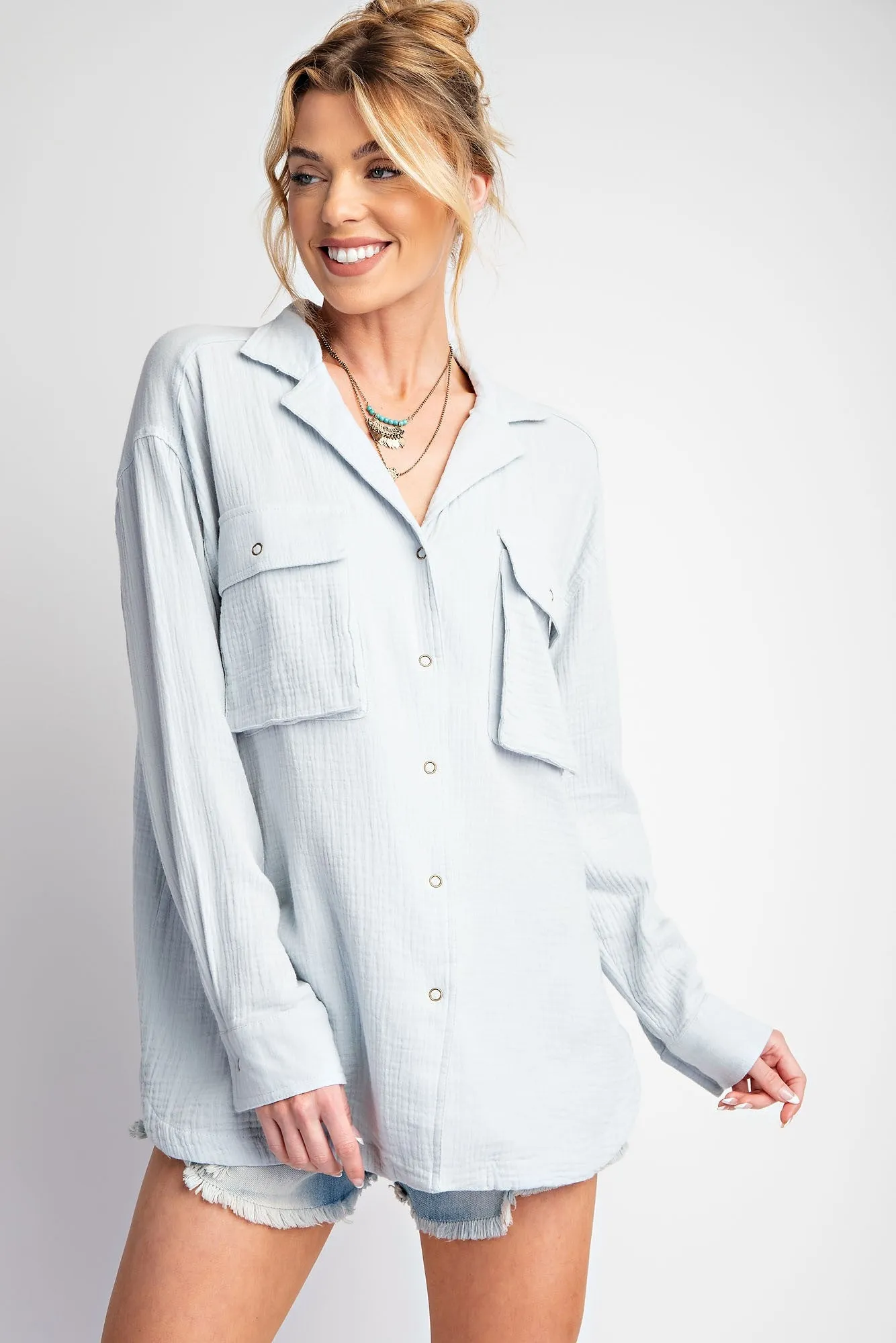 Easel Cotton Gauze Button Down Top in Powder Blue FINAL SALE