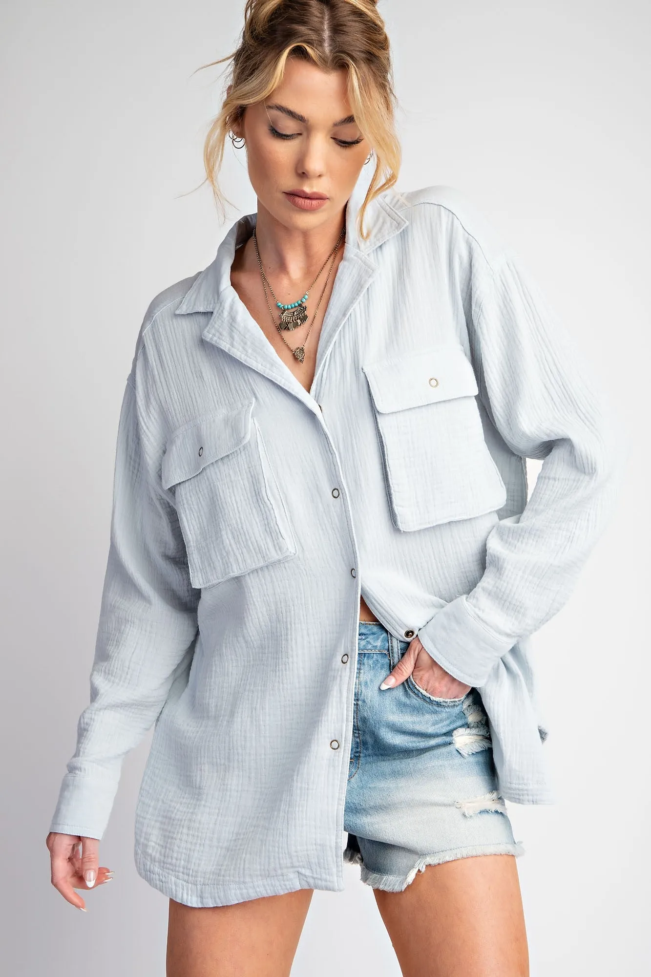 Easel Cotton Gauze Button Down Top in Powder Blue FINAL SALE