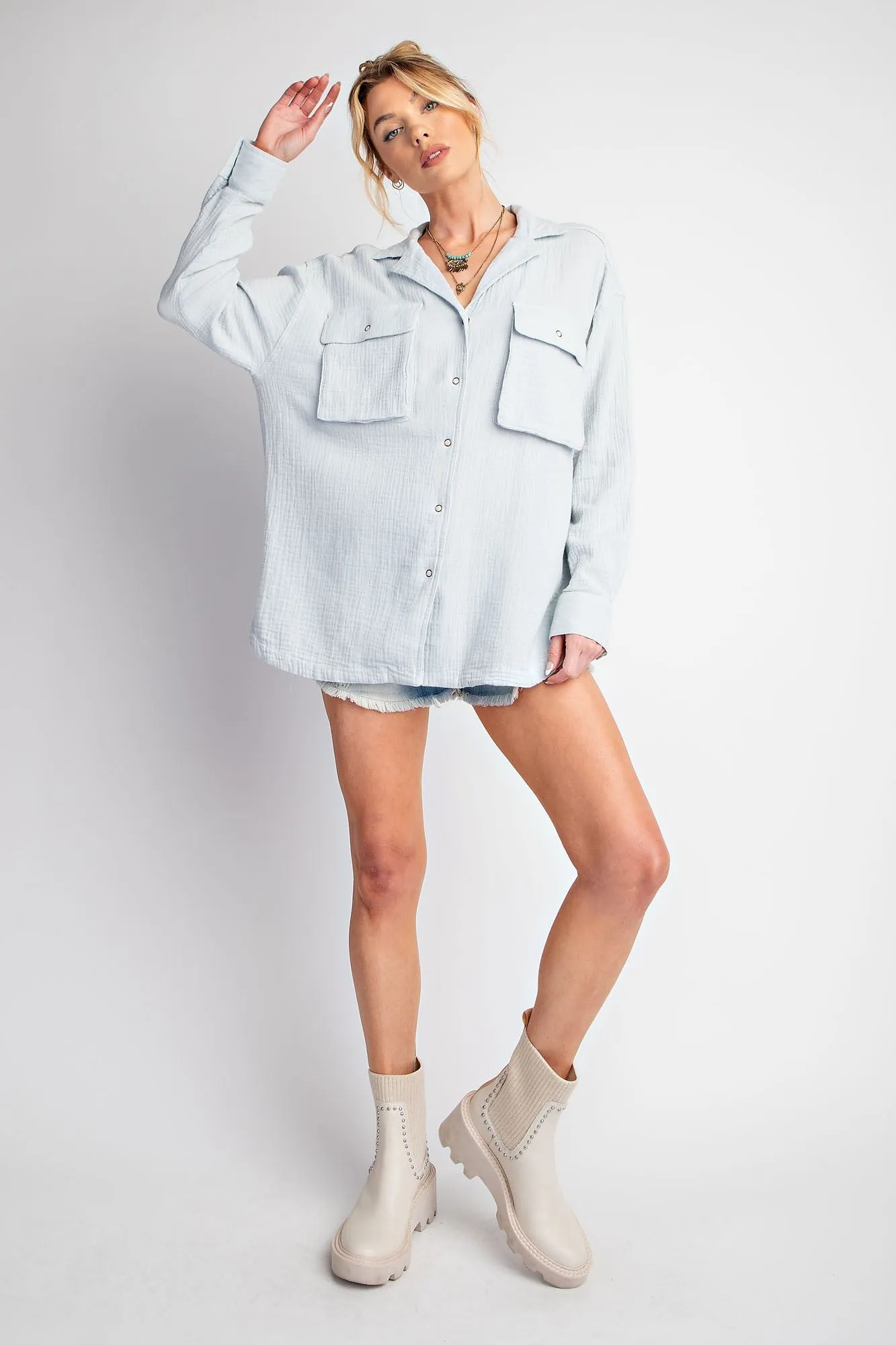 Easel Cotton Gauze Button Down Top in Powder Blue FINAL SALE