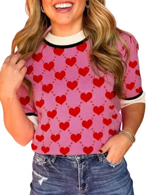 Ecosunny Women's Casual Round Neck Short Sleeve Shirts Bow Print Sweater Loose Tunic Blouses Tops