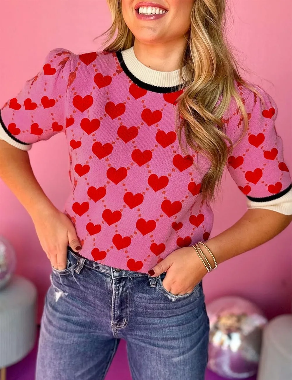 Ecosunny Women's Casual Round Neck Short Sleeve Shirts Bow Print Sweater Loose Tunic Blouses Tops