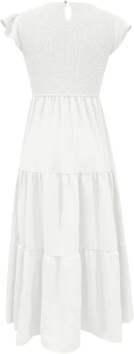 elegant dresses for women 2024 casual summer ruffle short sleeve Tiered ankle length dresses solid flowy midi dress