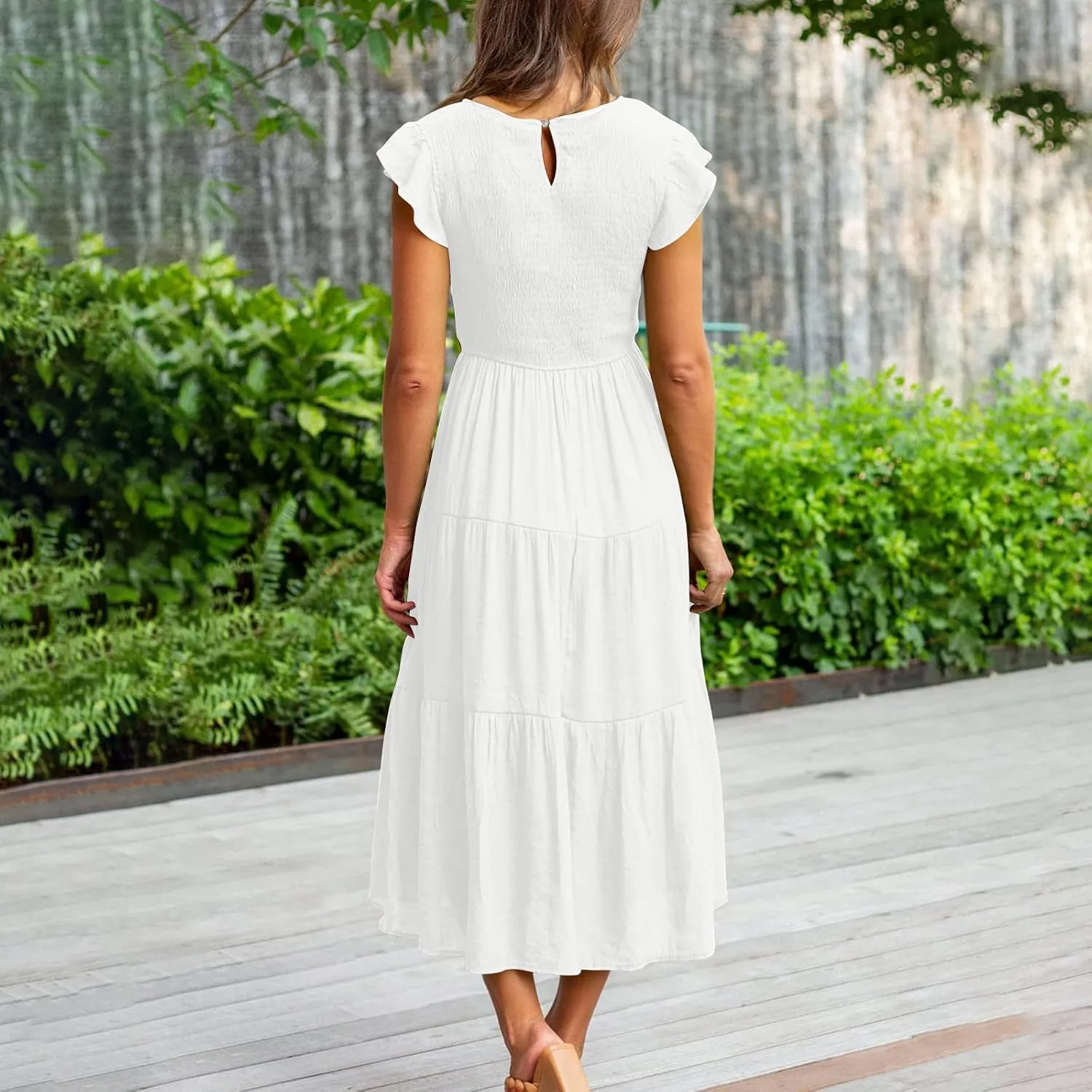 elegant dresses for women 2024 casual summer ruffle short sleeve Tiered ankle length dresses solid flowy midi dress