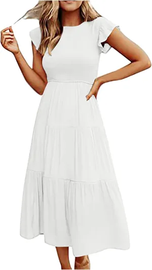 elegant dresses for women 2024 casual summer ruffle short sleeve Tiered ankle length dresses solid flowy midi dress