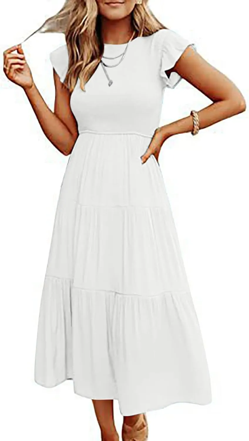 elegant dresses for women 2024 casual summer ruffle short sleeve Tiered ankle length dresses solid flowy midi dress
