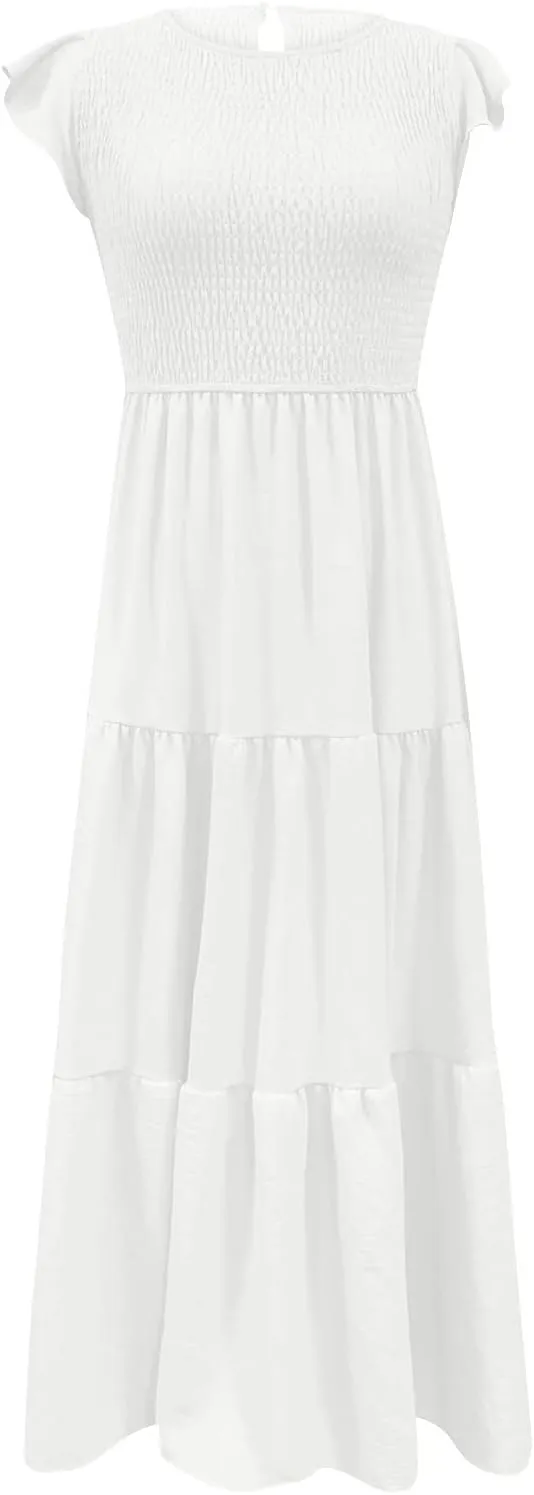 elegant dresses for women 2024 casual summer ruffle short sleeve Tiered ankle length dresses solid flowy midi dress