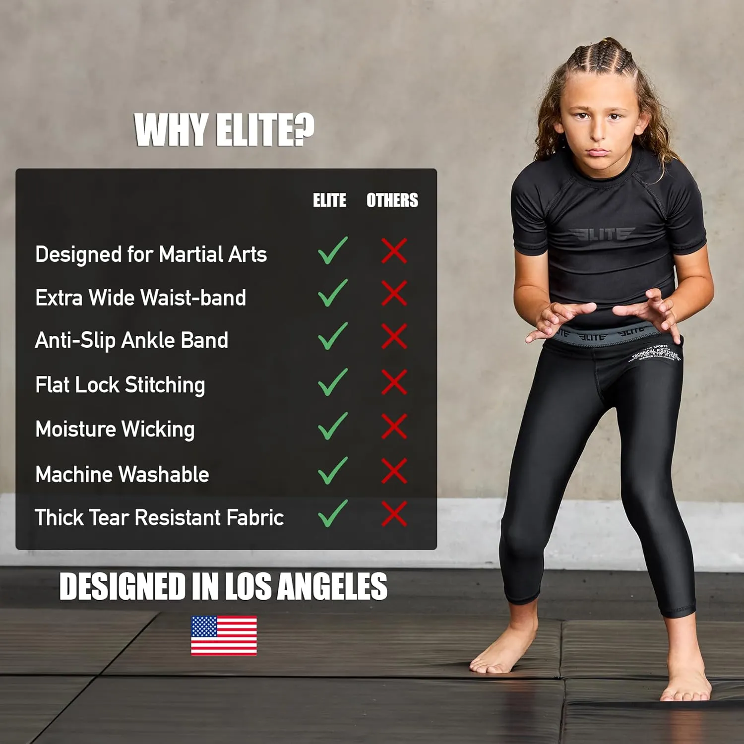 Elite Sports Youth Boys Kids Athletic Compression Pants Legging Spat Tight Base Layer BJJ Basketball Soccer Sports Training