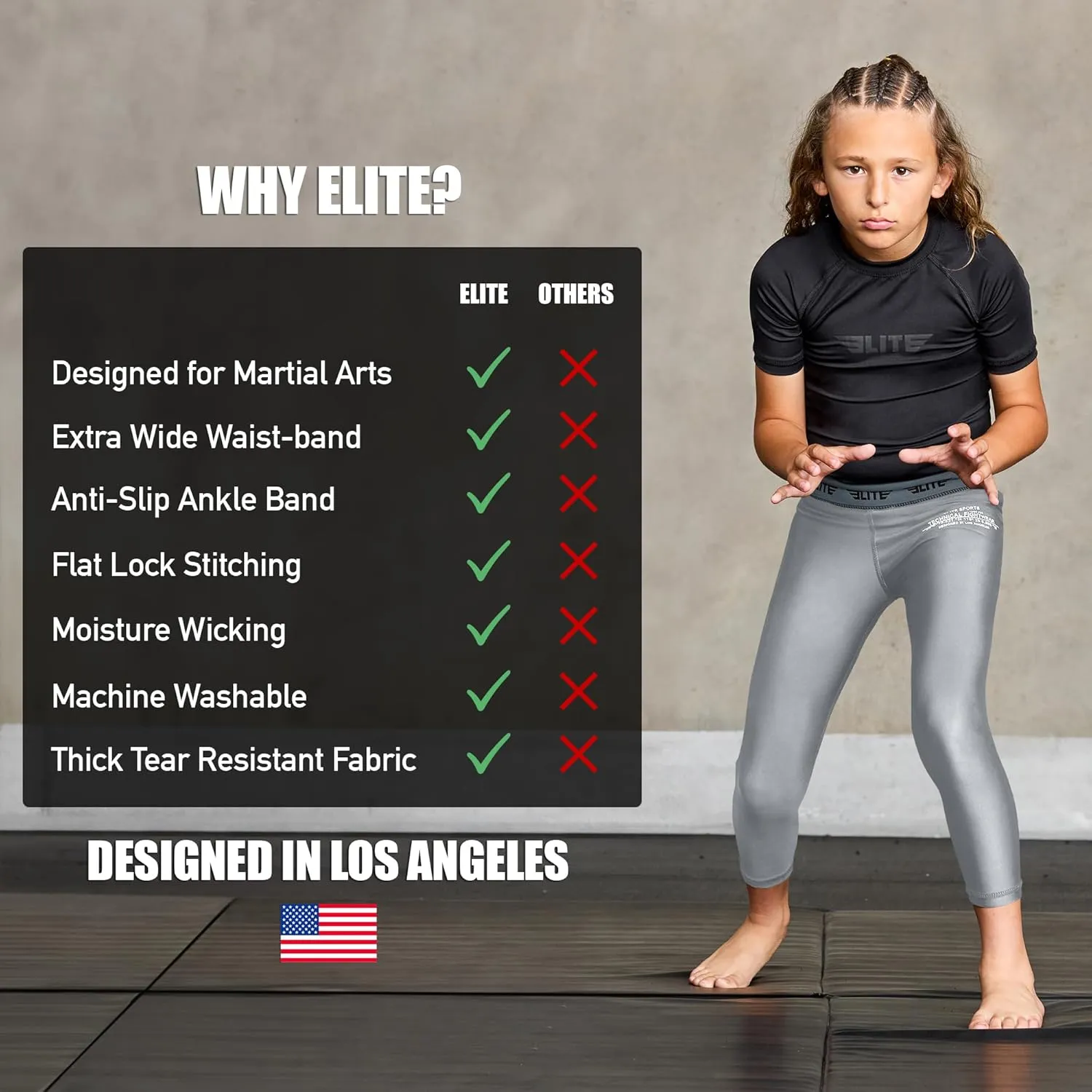 Elite Sports Youth Boys Kids Athletic Compression Pants Legging Spat Tight Base Layer BJJ Basketball Soccer Sports Training