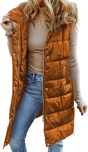 EVALESS Womens Long Puffer Vest Quilted Hooded Sleeveless Zip Up Down Jacket Winter Warm Lightweight Gilet Coat Outerwear