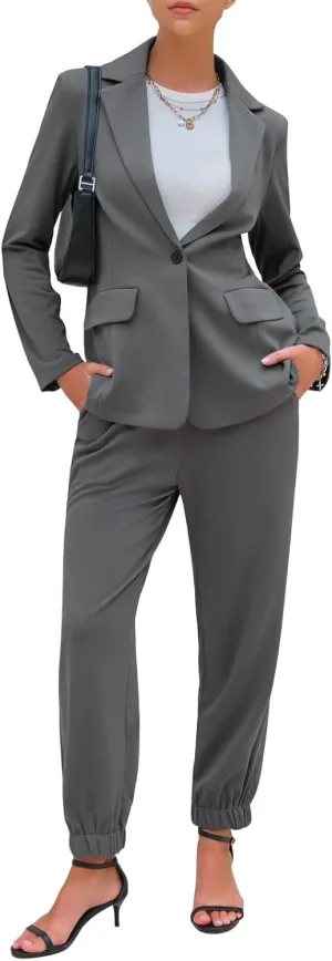 EXLURA Women's Business One Button Blazer Jacket High Elastic Waist Pant Suit Set Casual Loose 2 Piece Suits Office Work