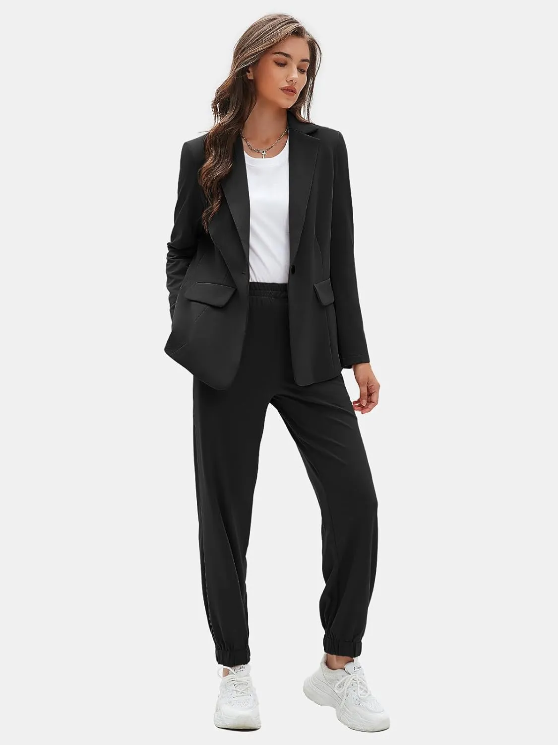 EXLURA Women's Business One Button Blazer Jacket High Elastic Waist Pant Suit Set Casual Loose 2 Piece Suits Office Work