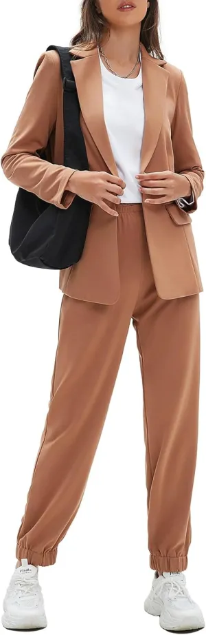 EXLURA Women's Business One Button Blazer Jacket High Elastic Waist Pant Suit Set Casual Loose 2 Piece Suits Office Work