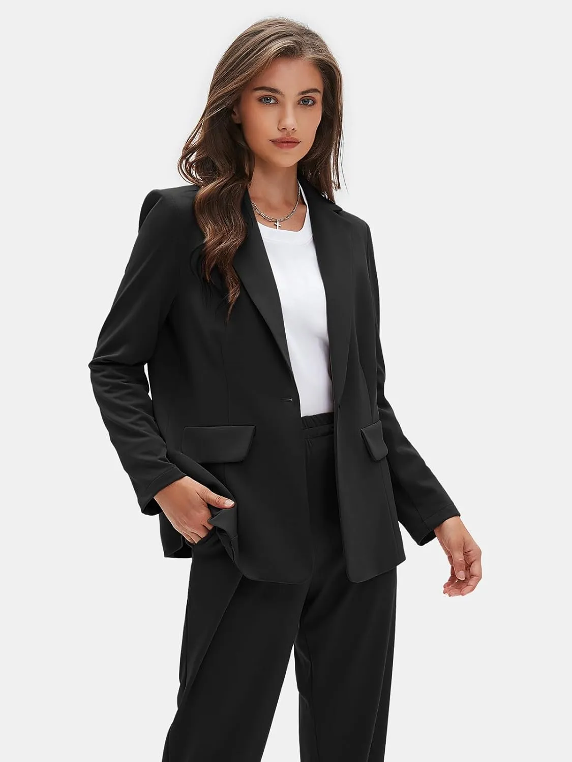 EXLURA Women's Business One Button Blazer Jacket High Elastic Waist Pant Suit Set Casual Loose 2 Piece Suits Office Work