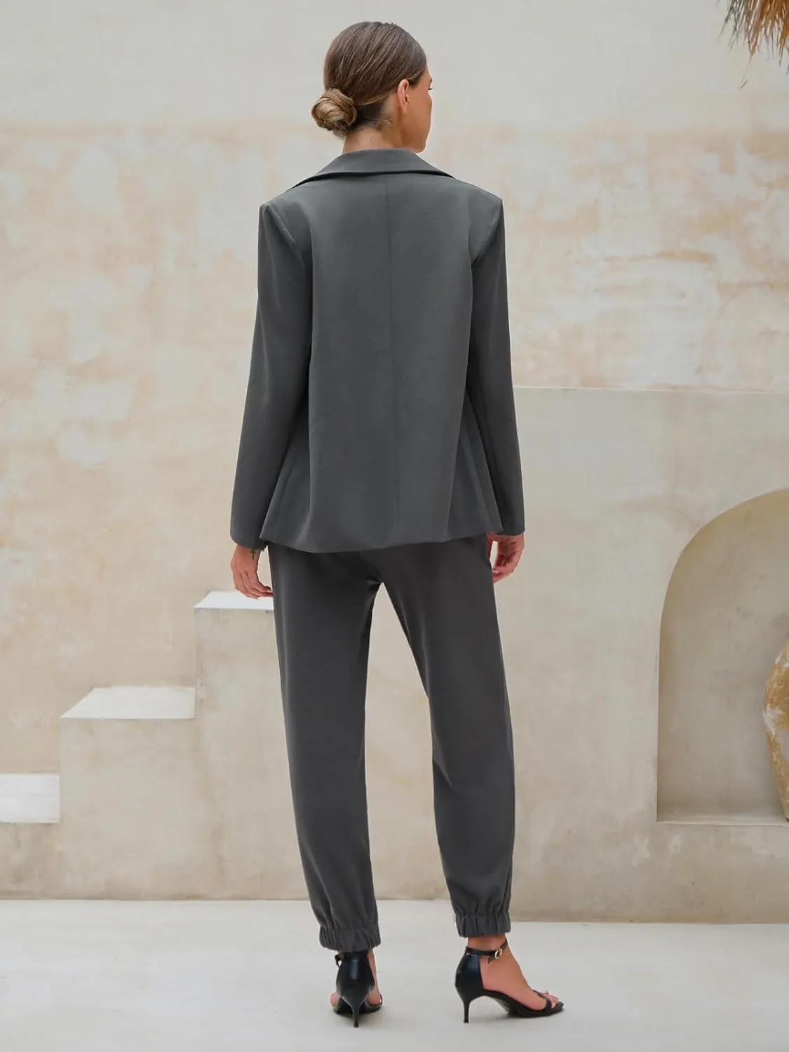 EXLURA Women's Business One Button Blazer Jacket High Elastic Waist Pant Suit Set Casual Loose 2 Piece Suits Office Work