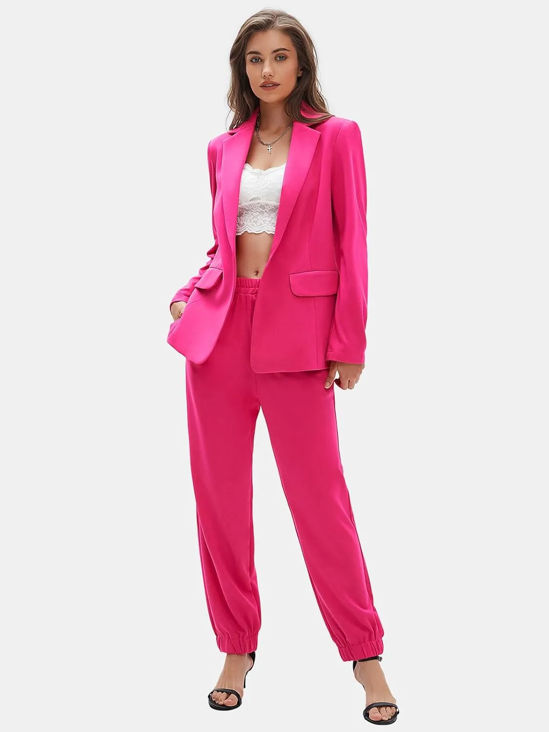 EXLURA Women's Business One Button Blazer Jacket High Elastic Waist Pant Suit Set Casual Loose 2 Piece Suits Office Work