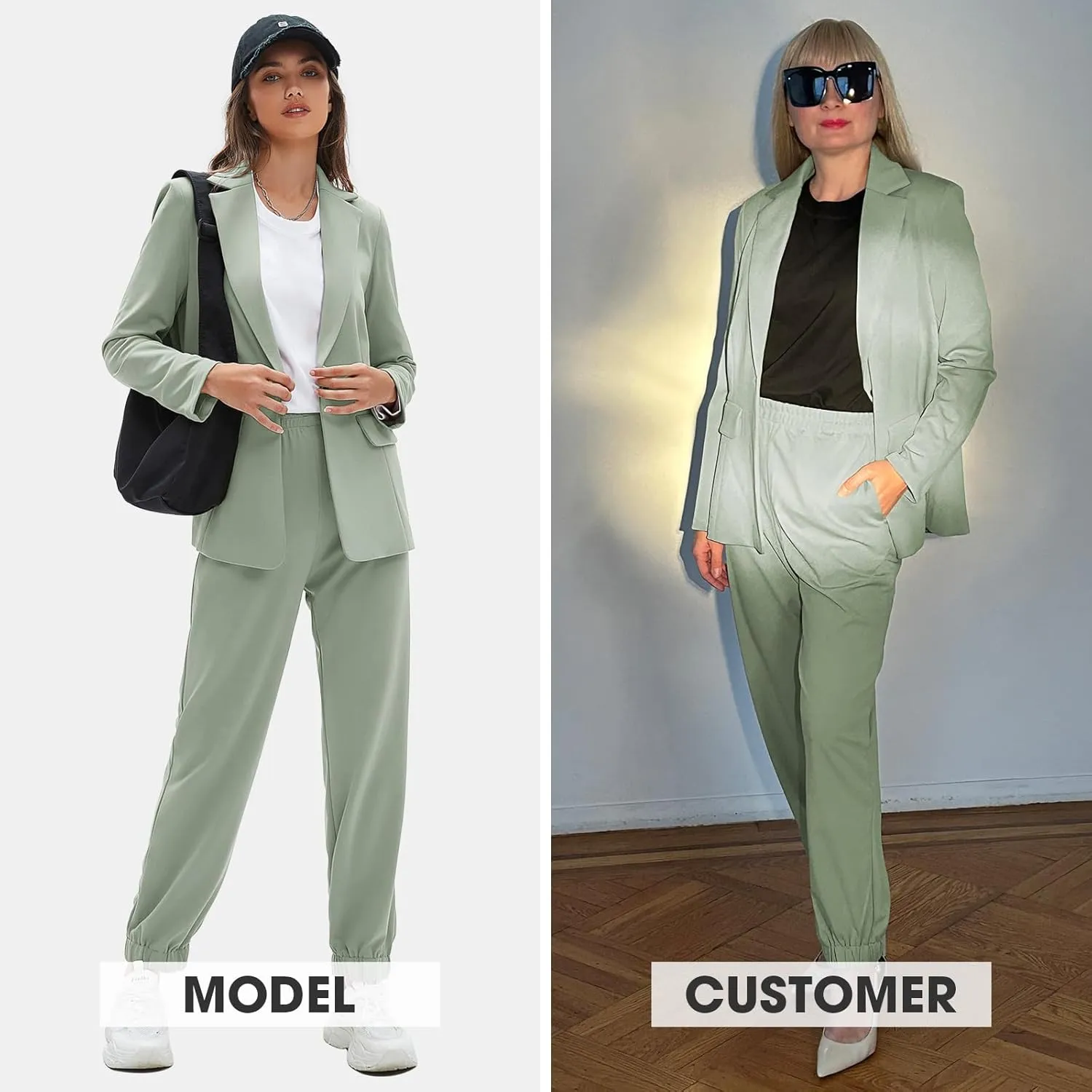 EXLURA Women's Business One Button Blazer Jacket High Elastic Waist Pant Suit Set Casual Loose 2 Piece Suits Office Work