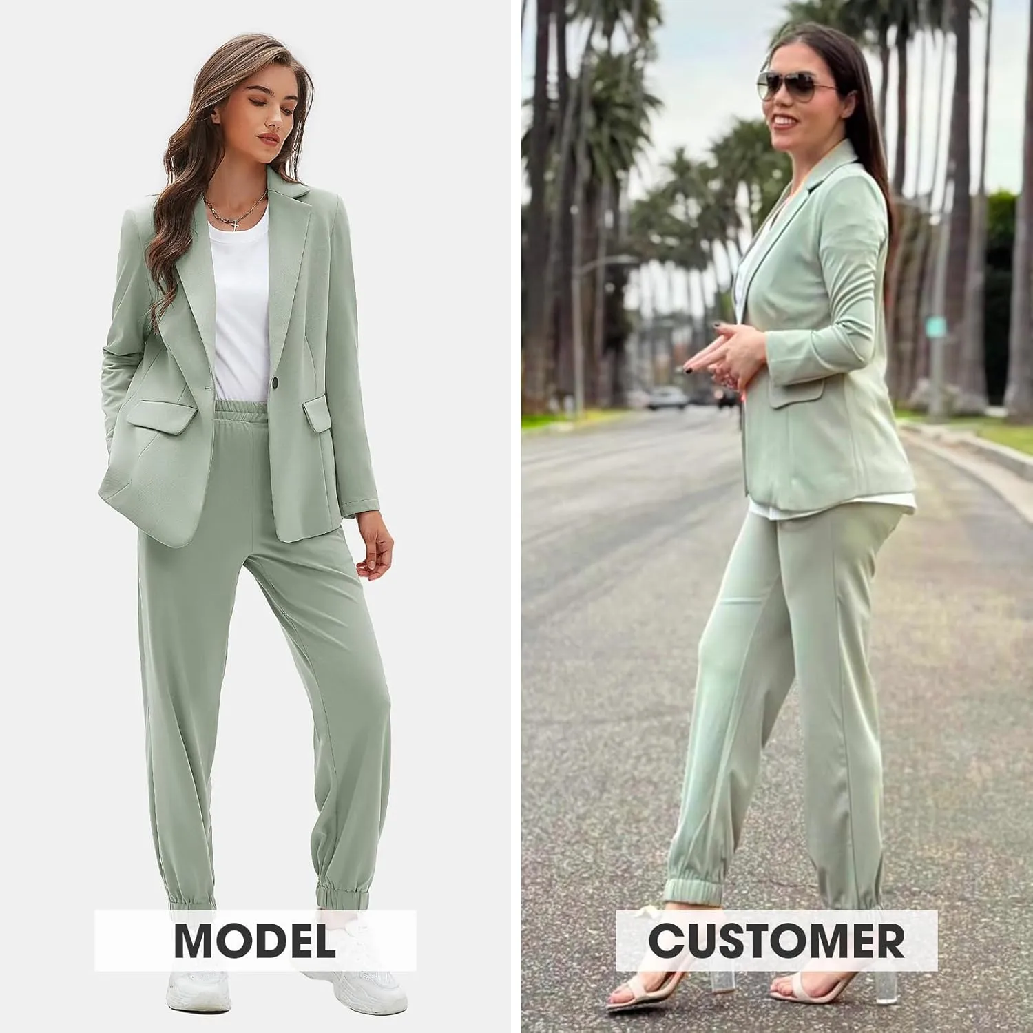 EXLURA Women's Business One Button Blazer Jacket High Elastic Waist Pant Suit Set Casual Loose 2 Piece Suits Office Work