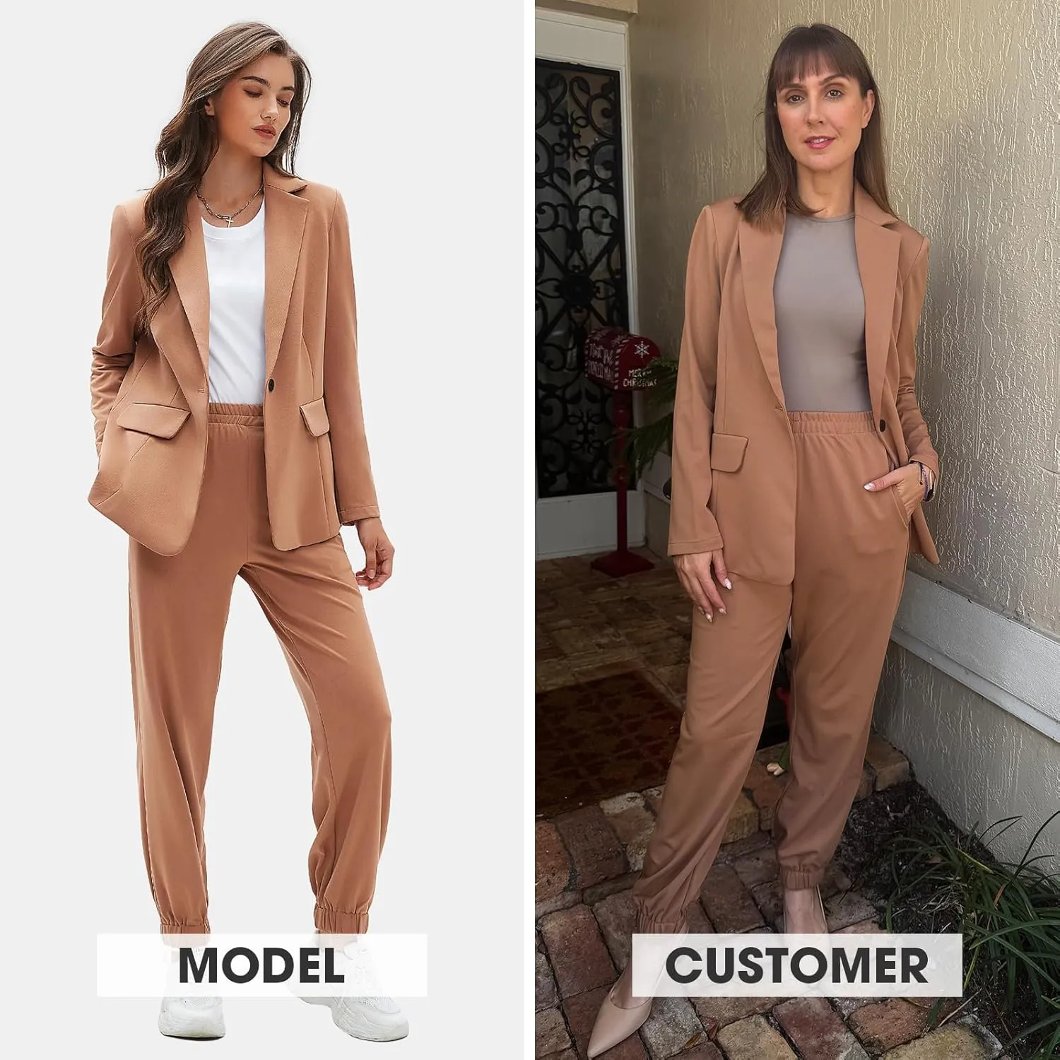 EXLURA Women's Business One Button Blazer Jacket High Elastic Waist Pant Suit Set Casual Loose 2 Piece Suits Office Work