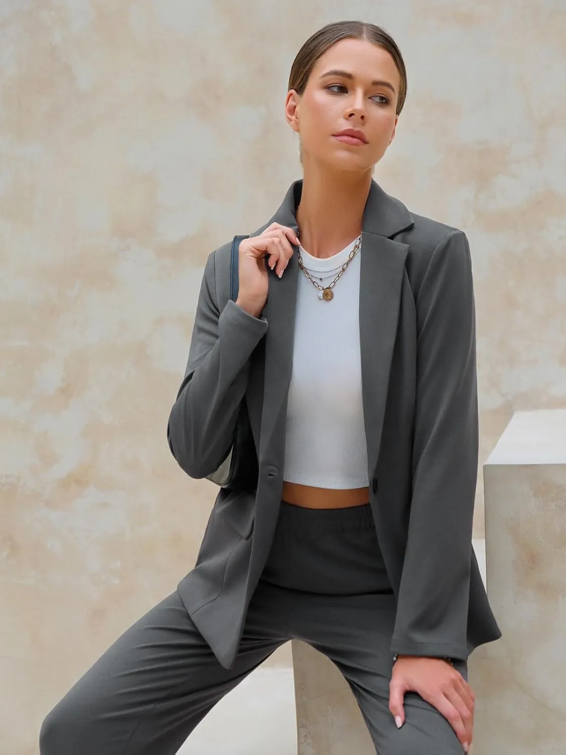 EXLURA Women's Business One Button Blazer Jacket High Elastic Waist Pant Suit Set Casual Loose 2 Piece Suits Office Work