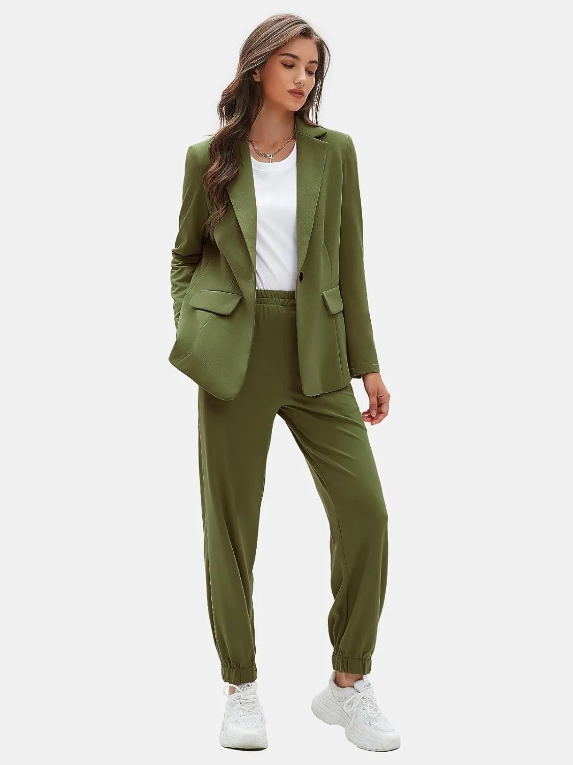 EXLURA Women's Business One Button Blazer Jacket High Elastic Waist Pant Suit Set Casual Loose 2 Piece Suits Office Work