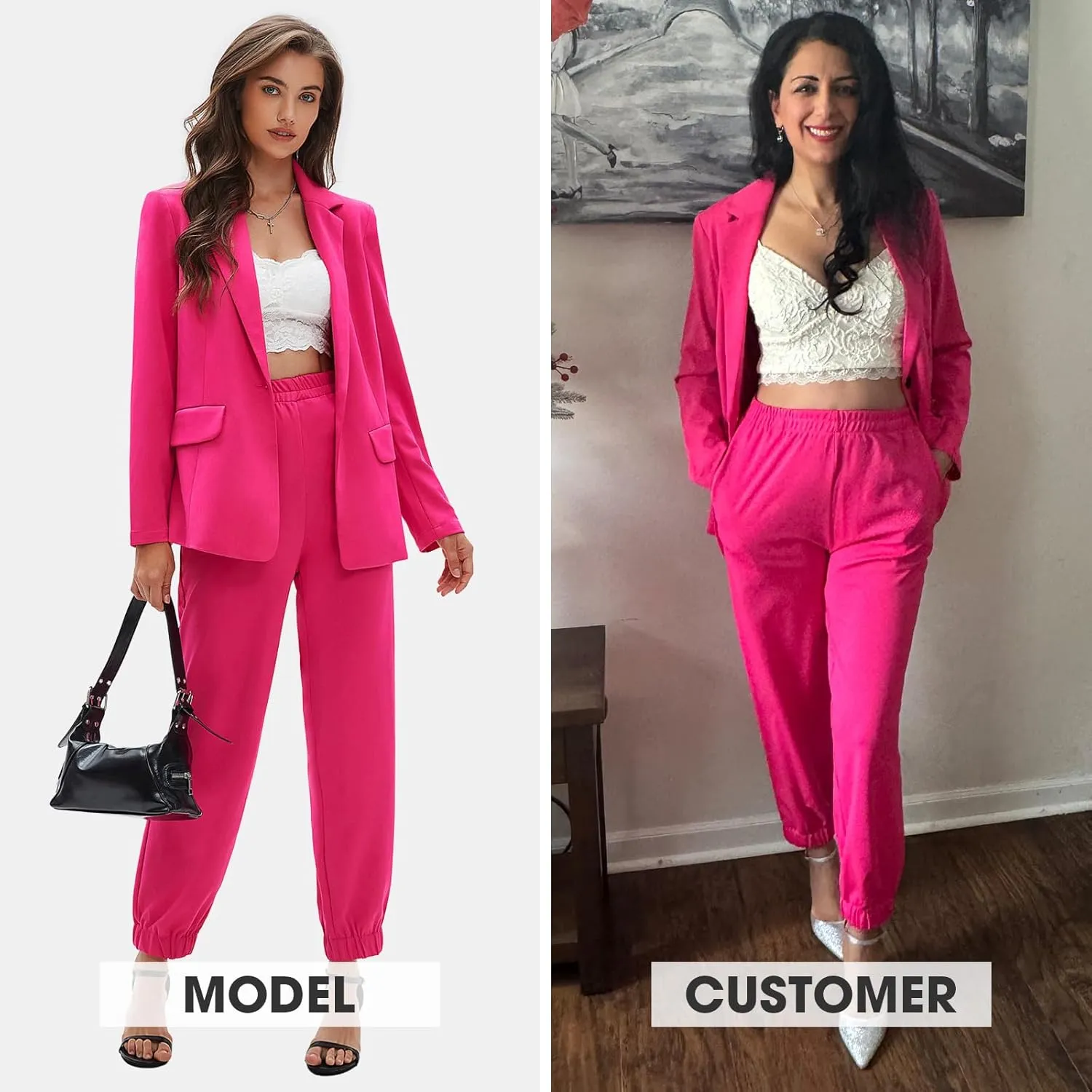 EXLURA Women's Business One Button Blazer Jacket High Elastic Waist Pant Suit Set Casual Loose 2 Piece Suits Office Work