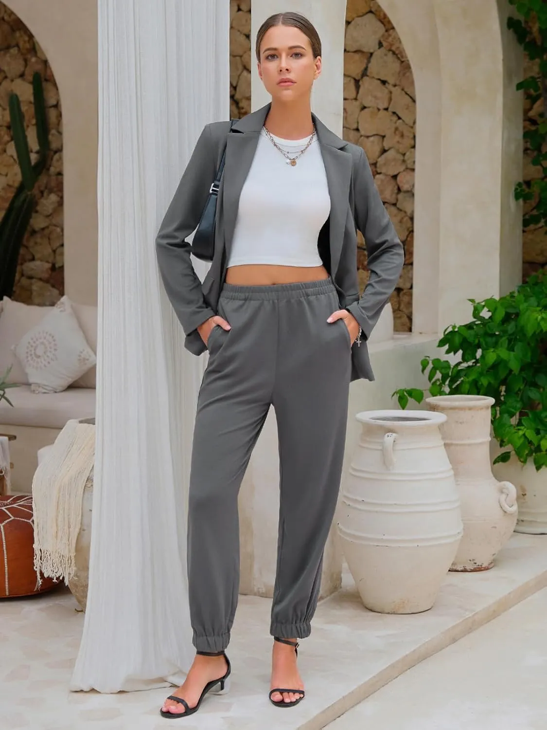 EXLURA Women's Business One Button Blazer Jacket High Elastic Waist Pant Suit Set Casual Loose 2 Piece Suits Office Work