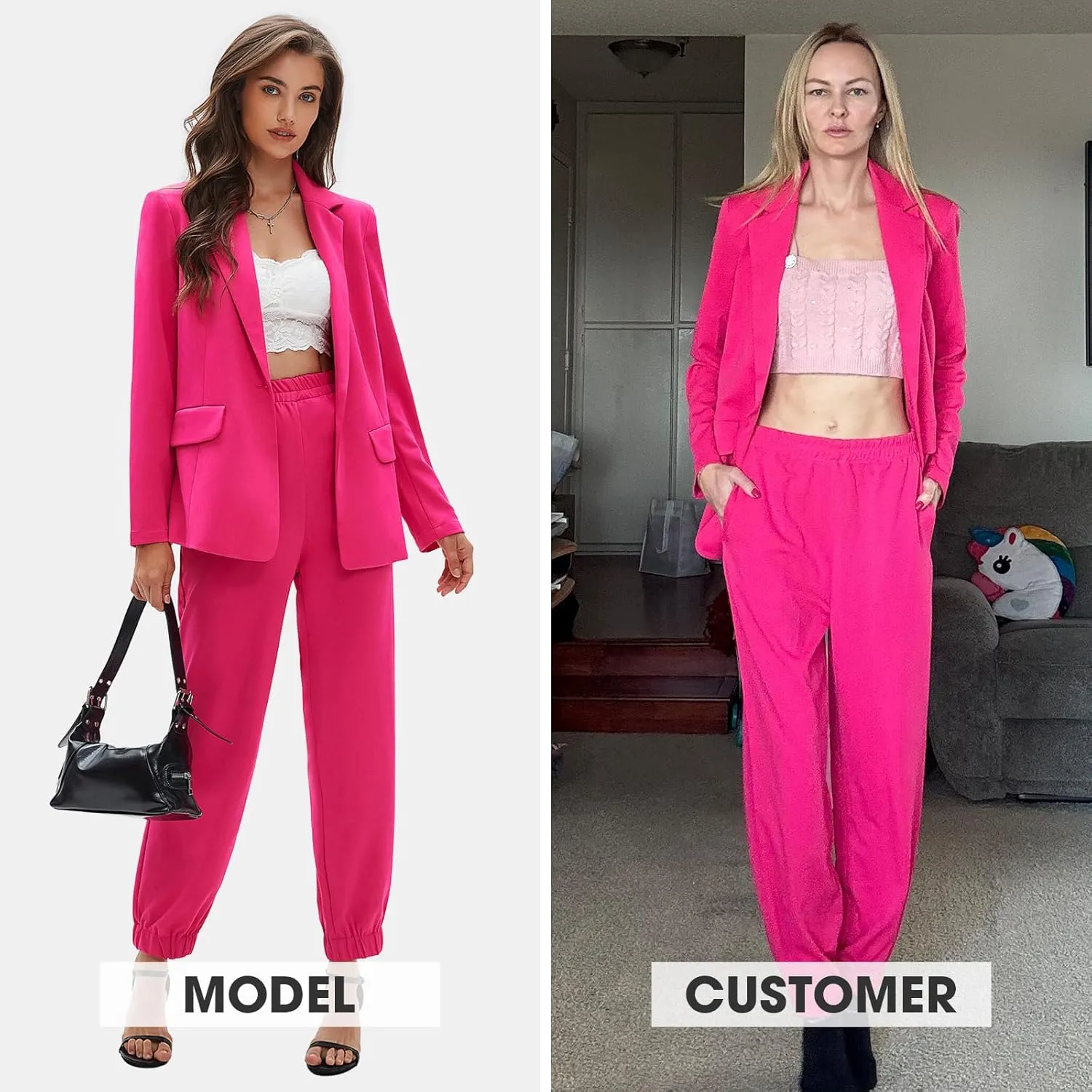 EXLURA Women's Business One Button Blazer Jacket High Elastic Waist Pant Suit Set Casual Loose 2 Piece Suits Office Work