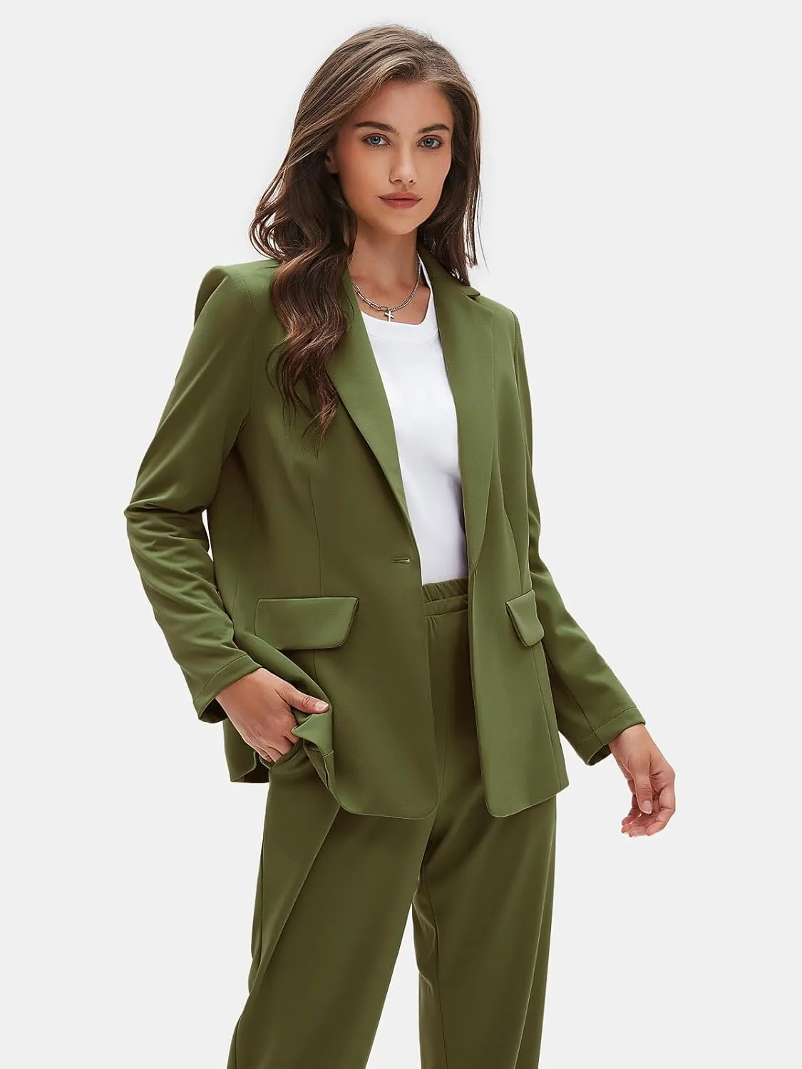 EXLURA Women's Business One Button Blazer Jacket High Elastic Waist Pant Suit Set Casual Loose 2 Piece Suits Office Work