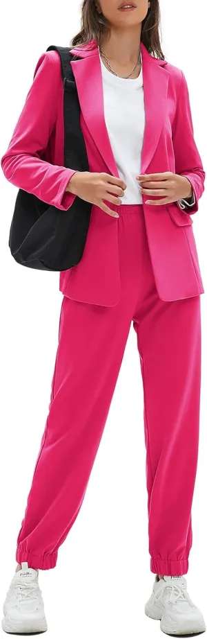 EXLURA Women's Business One Button Blazer Jacket High Elastic Waist Pant Suit Set Casual Loose 2 Piece Suits Office Work
