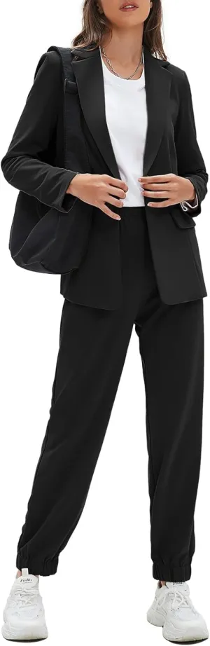 EXLURA Women's Business One Button Blazer Jacket High Elastic Waist Pant Suit Set Casual Loose 2 Piece Suits Office Work