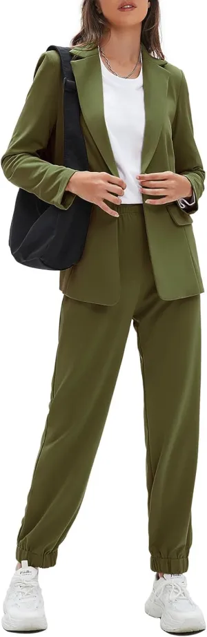 EXLURA Women's Business One Button Blazer Jacket High Elastic Waist Pant Suit Set Casual Loose 2 Piece Suits Office Work
