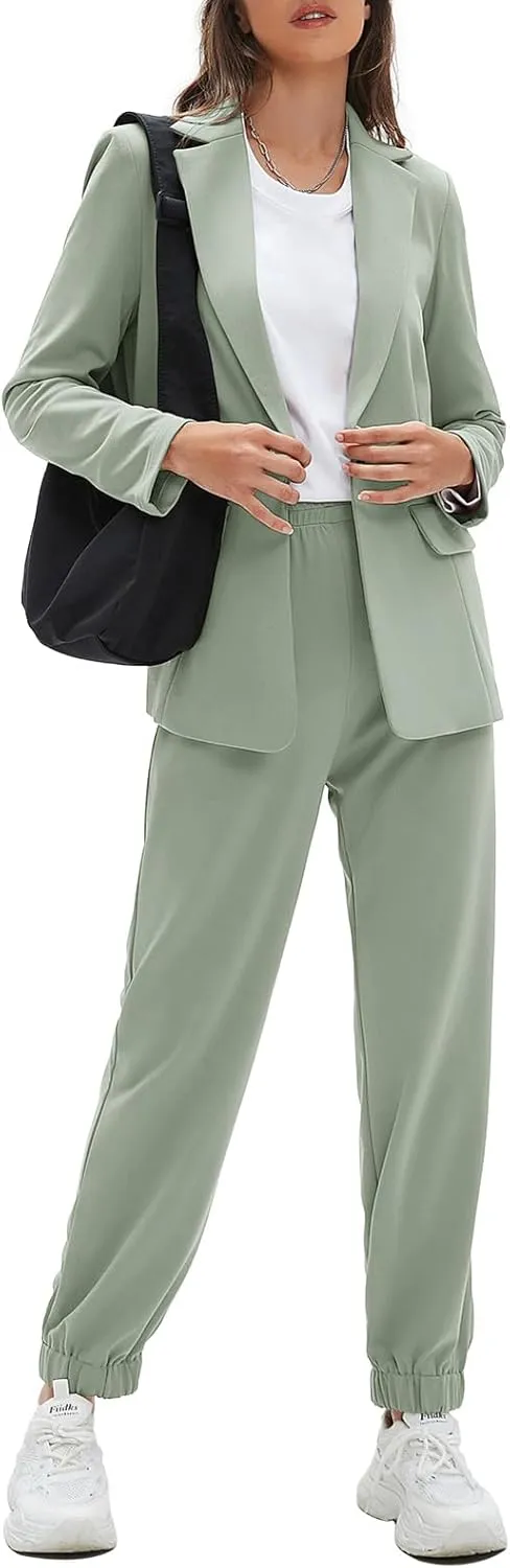 EXLURA Women's Business One Button Blazer Jacket High Elastic Waist Pant Suit Set Casual Loose 2 Piece Suits Office Work