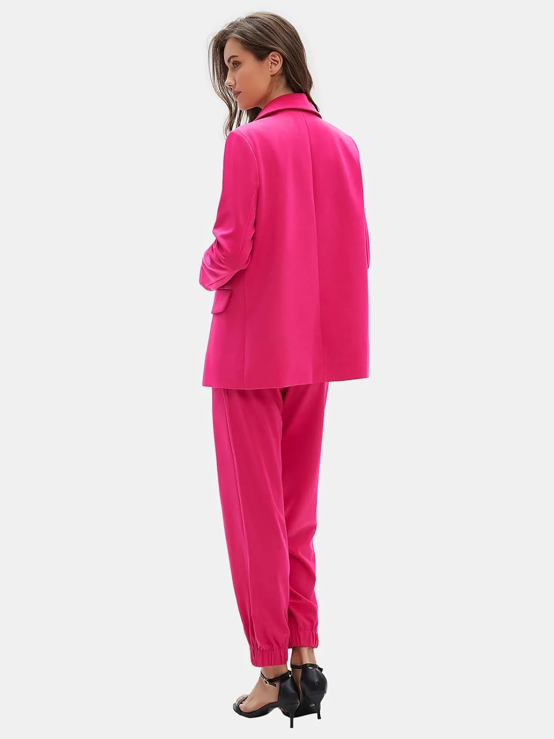 EXLURA Women's Business One Button Blazer Jacket High Elastic Waist Pant Suit Set Casual Loose 2 Piece Suits Office Work