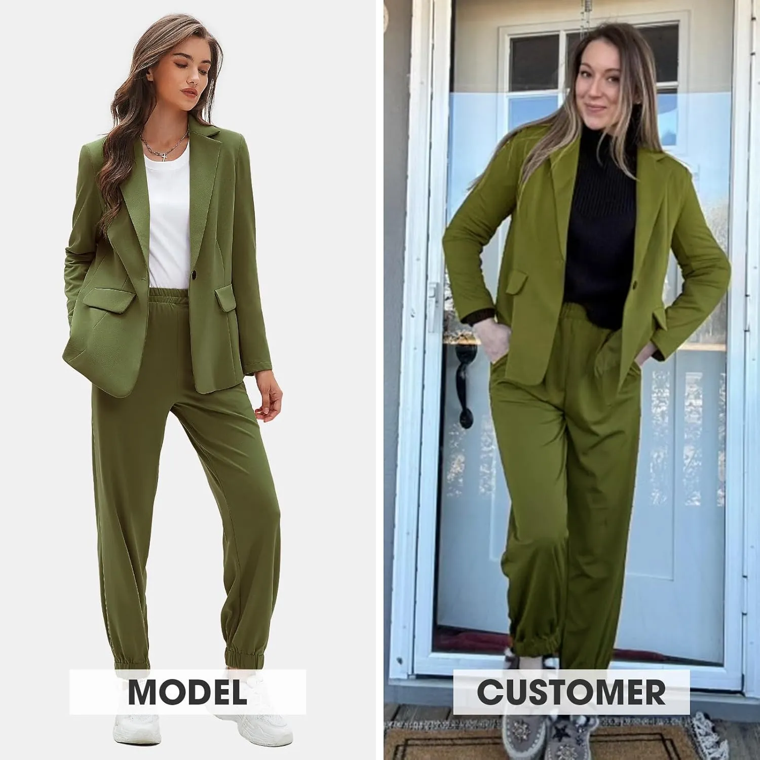 EXLURA Women's Business One Button Blazer Jacket High Elastic Waist Pant Suit Set Casual Loose 2 Piece Suits Office Work