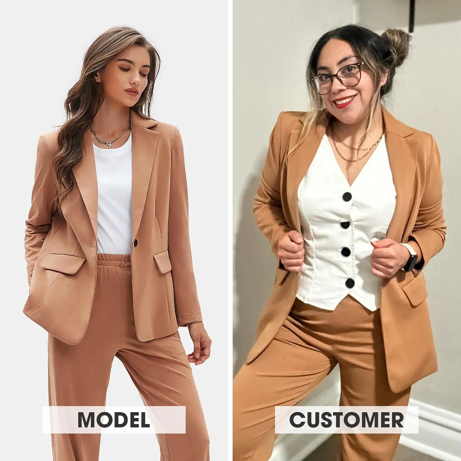 EXLURA Women's Business One Button Blazer Jacket High Elastic Waist Pant Suit Set Casual Loose 2 Piece Suits Office Work