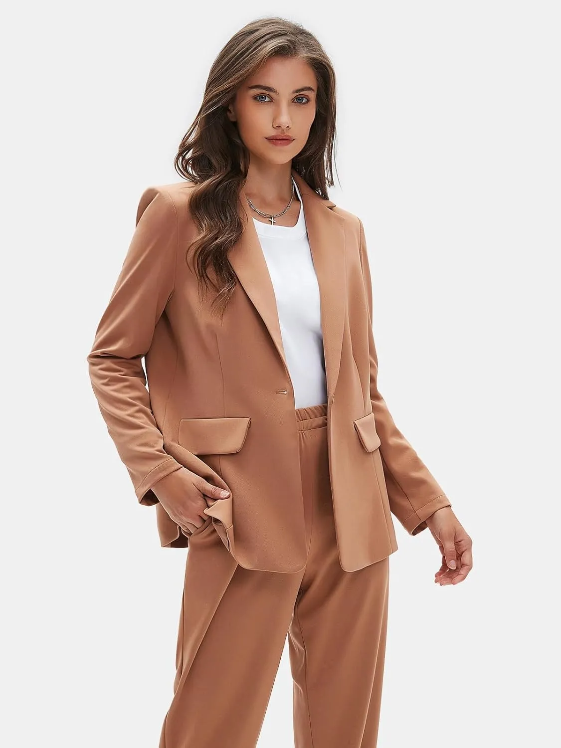 EXLURA Women's Business One Button Blazer Jacket High Elastic Waist Pant Suit Set Casual Loose 2 Piece Suits Office Work