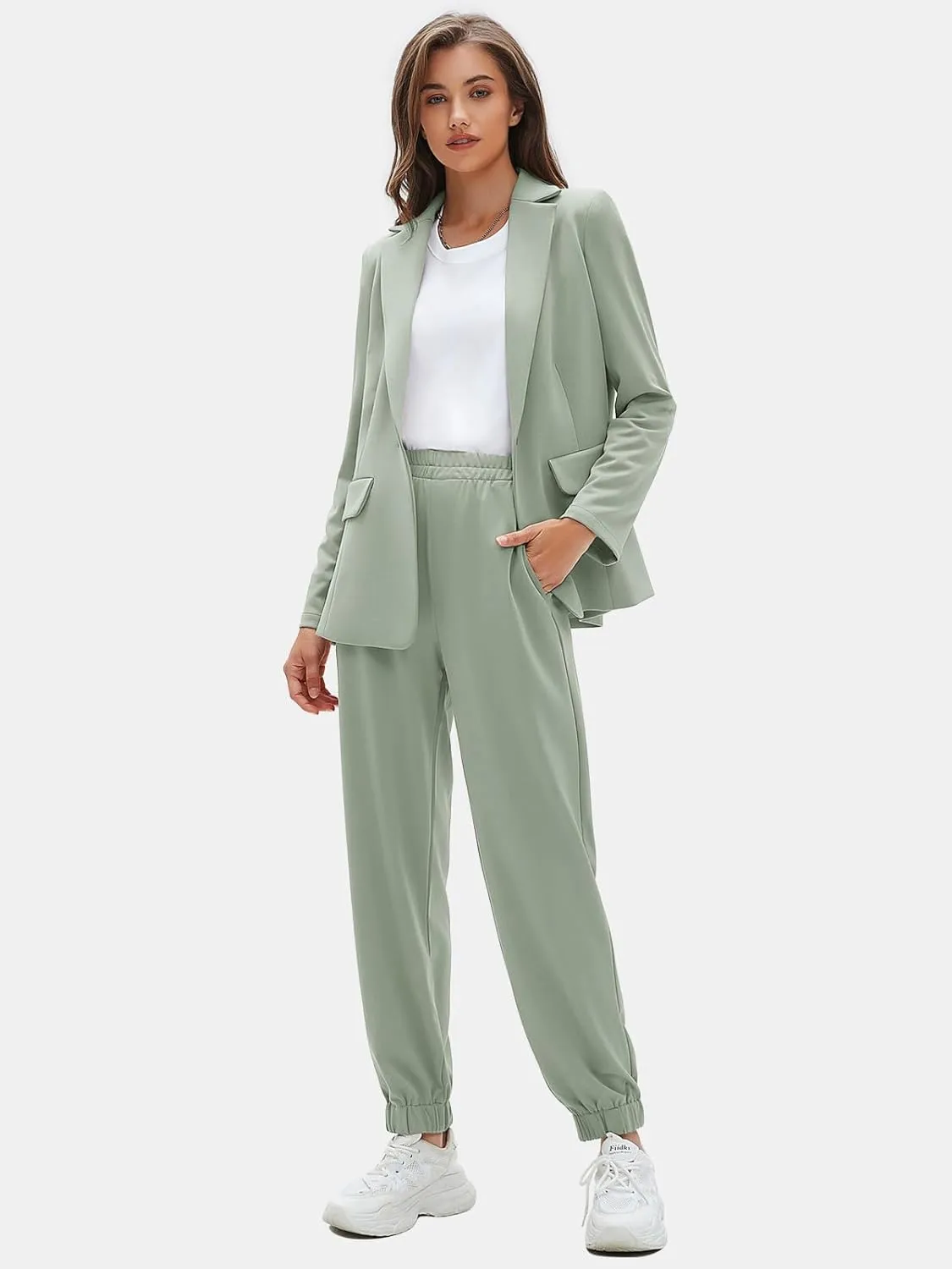 EXLURA Women's Business One Button Blazer Jacket High Elastic Waist Pant Suit Set Casual Loose 2 Piece Suits Office Work