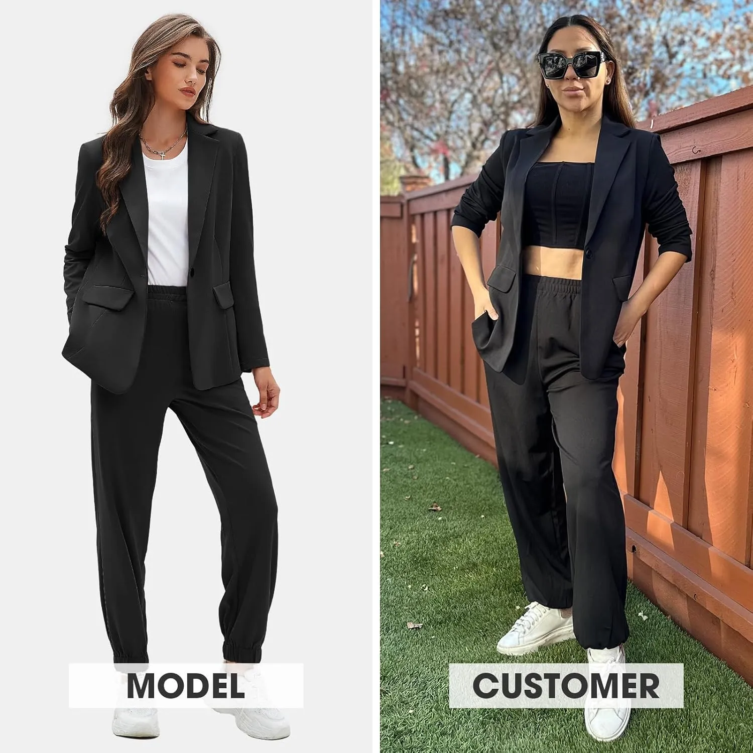 EXLURA Women's Business One Button Blazer Jacket High Elastic Waist Pant Suit Set Casual Loose 2 Piece Suits Office Work