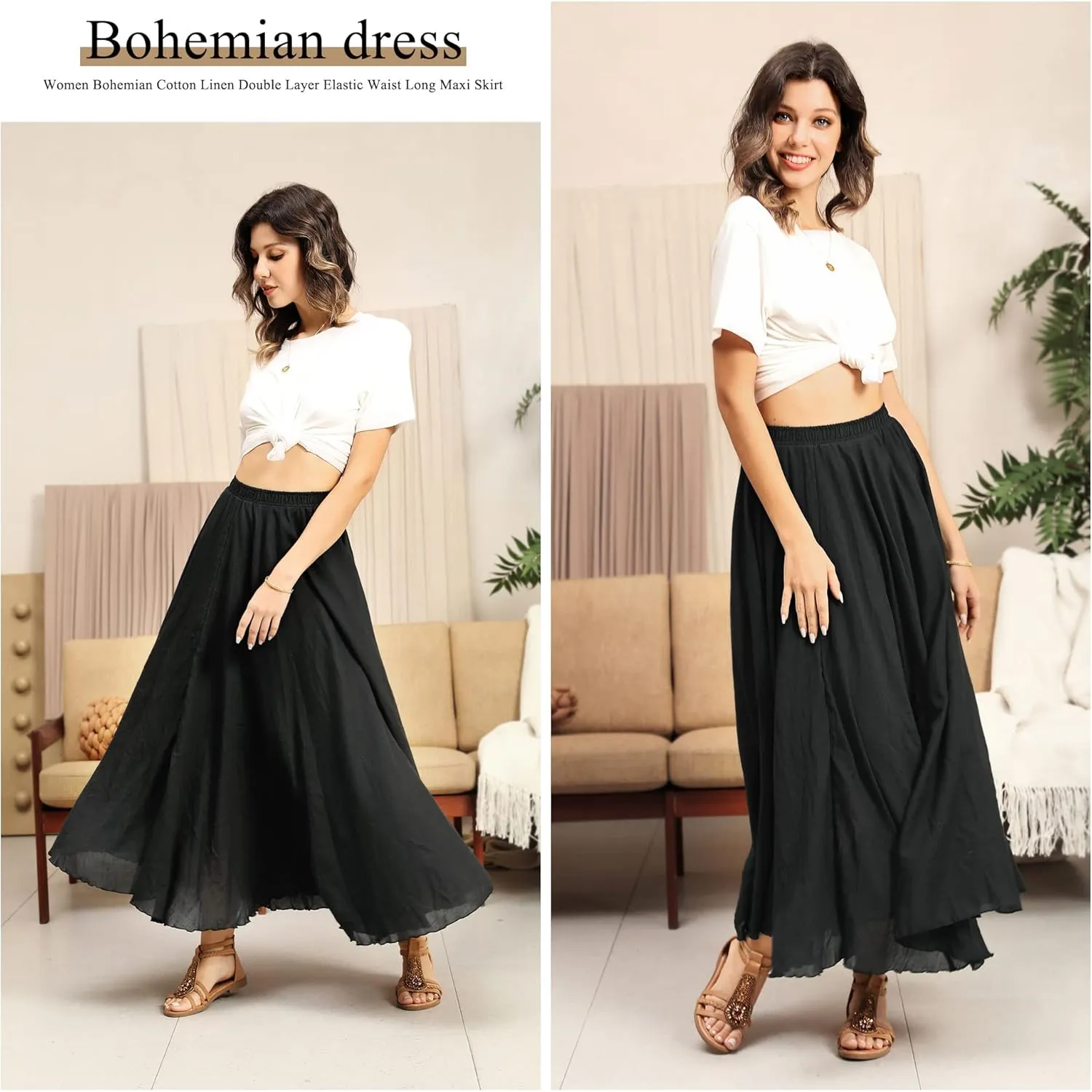 Ezcosplay Women Bohemian Beach A-Line Dress Double Layer Elastic Waist Long Maxi Skirt