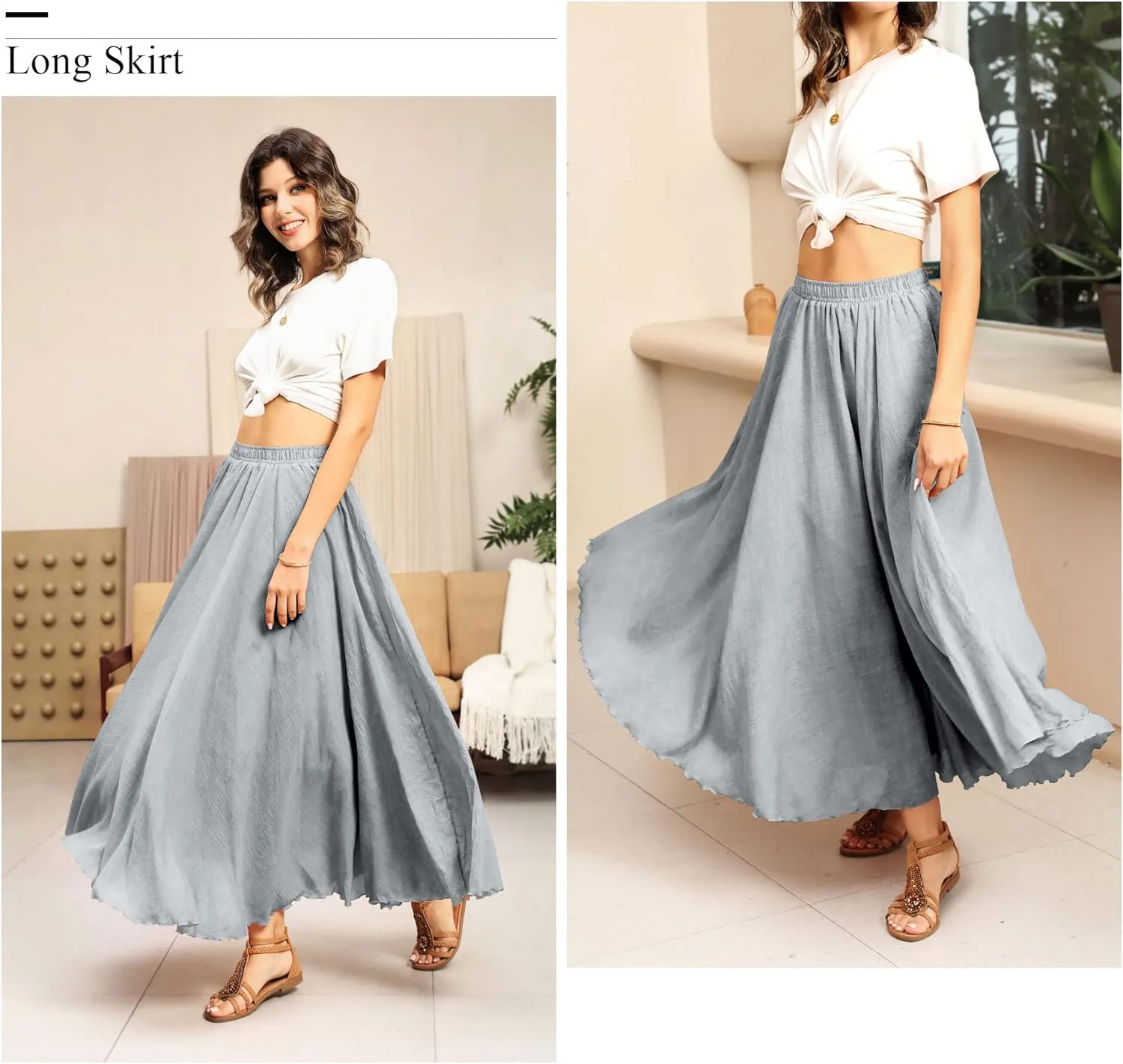 Ezcosplay Women Bohemian Beach A-Line Dress Double Layer Elastic Waist Long Maxi Skirt